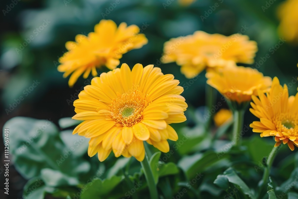 A cluster of bright yellow flowers with green leaves A cluster of bright yellow flowers with green leaves