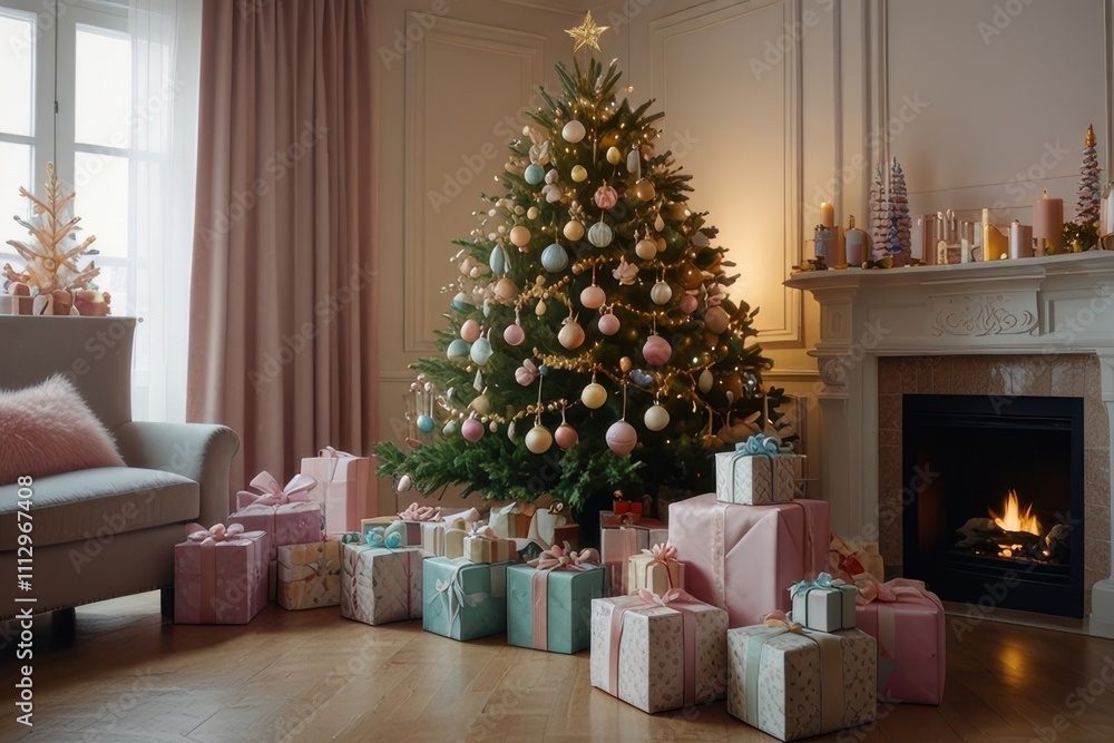 Christmas tree new year interior pine with gift decoration decor balls garlands Christmas tree new year interior pine with gift decoration decor balls garlands