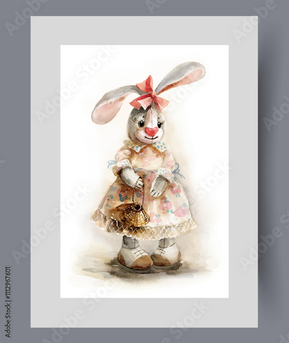 Toy plush hare in vintage women dress for children games on poster. Watercolor artwork. Wall art with toy hare or rabbit for little girls who love dolls, in frame with decor for print