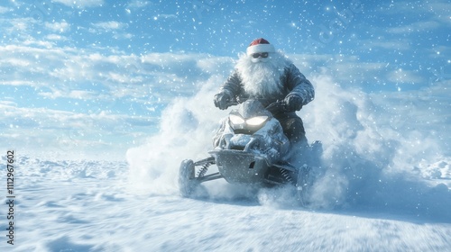 Epic Santa Adventure - Badass Santa Riding Snowmobile in Winter Wonderland with Snow-Covered Beard and Cinematic Lighting photo