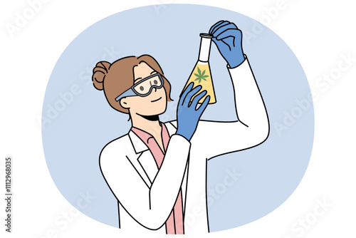 Woman laboratory assistant with cannabis oil in test tube explores healing properties marijuana. Girl scientist working on creation of medicines from cannabis, holding flask with green narcotic oil