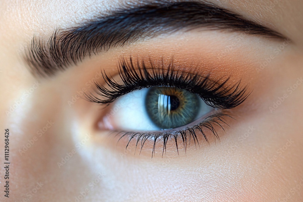 Obraz premium Close-up of perfectly applied eyeliner and lashes: A detailed shot of a woman’s eye, focusing on her expertly applied cat-eye eyeliner and voluminous lashes. The sharpness and symmetry of the makeup a