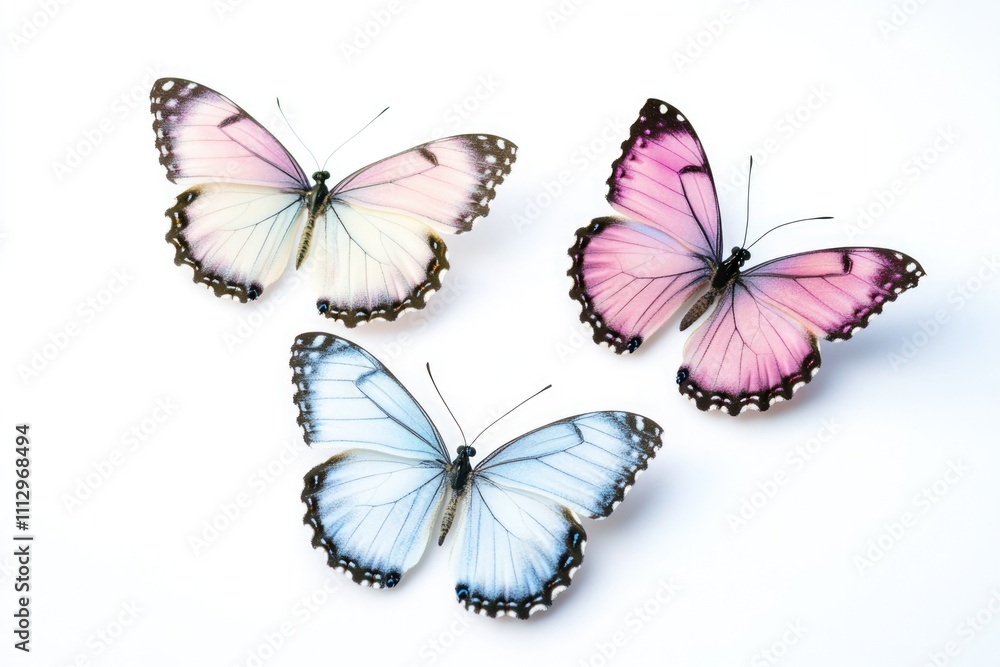 Three butterflies sit on a clean white surface, ready for observation or photography Three butterflies sit on a clean white surface, ready for observation or photography