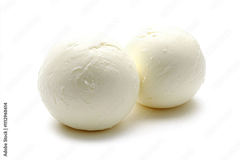 Two fresh mozzarella balls sit on a clean white surface, ready for use in various dishes Two fresh mozzarella balls sit on a clean white surface, ready for use in various dishes