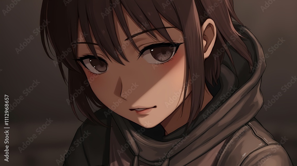 An anime style character with short dark hair and expressive eyes wears a gray hoodie. Dramatic lighting and shadows enhance the character's facial features. An anime style character with short dark hair and expressive eyes wears a gray hoodie. Dramatic lighting and shadows enhance the character's facial features.