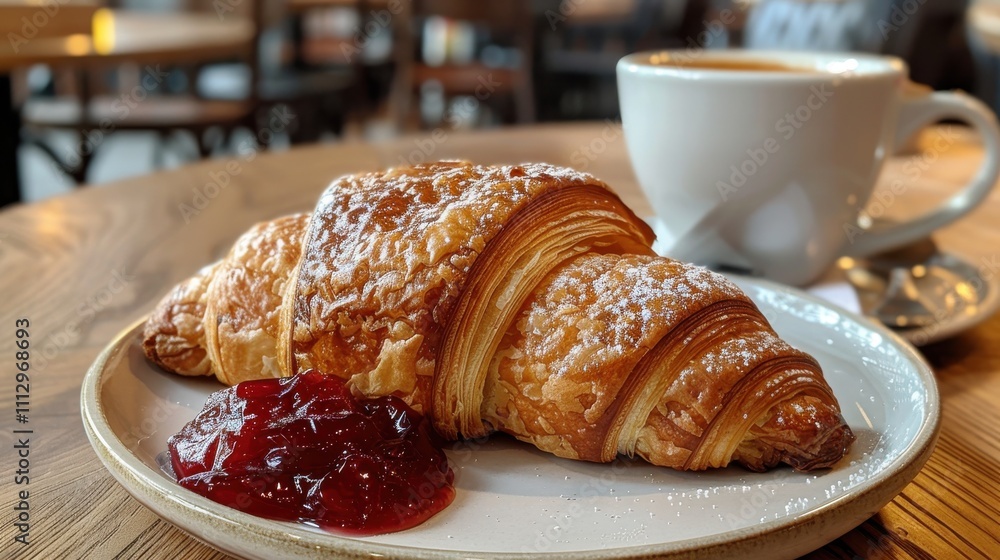 Buttery croissant with boysenberry preserves and a latte Buttery croissant with boysenberry preserves and a latte