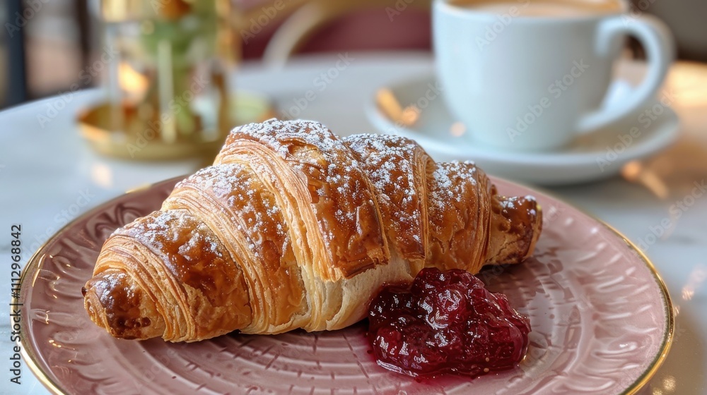 Buttery croissant with boysenberry preserves and a latte Buttery croissant with boysenberry preserves and a latte