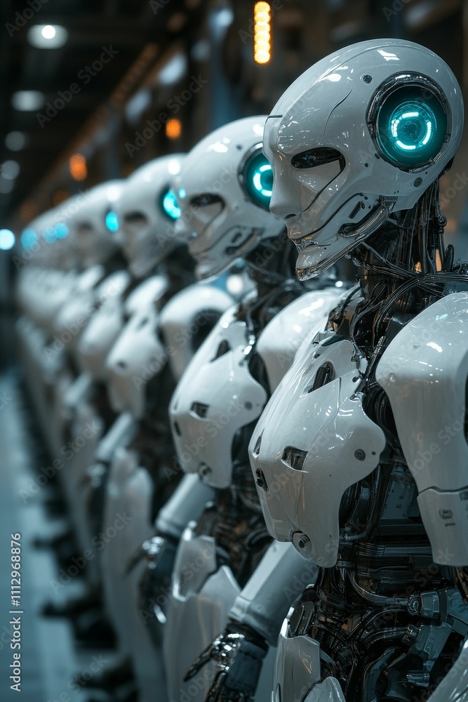 White robots line up, futuristic, gleaming, mechanical. White robots line up, futuristic, gleaming, mechanical.