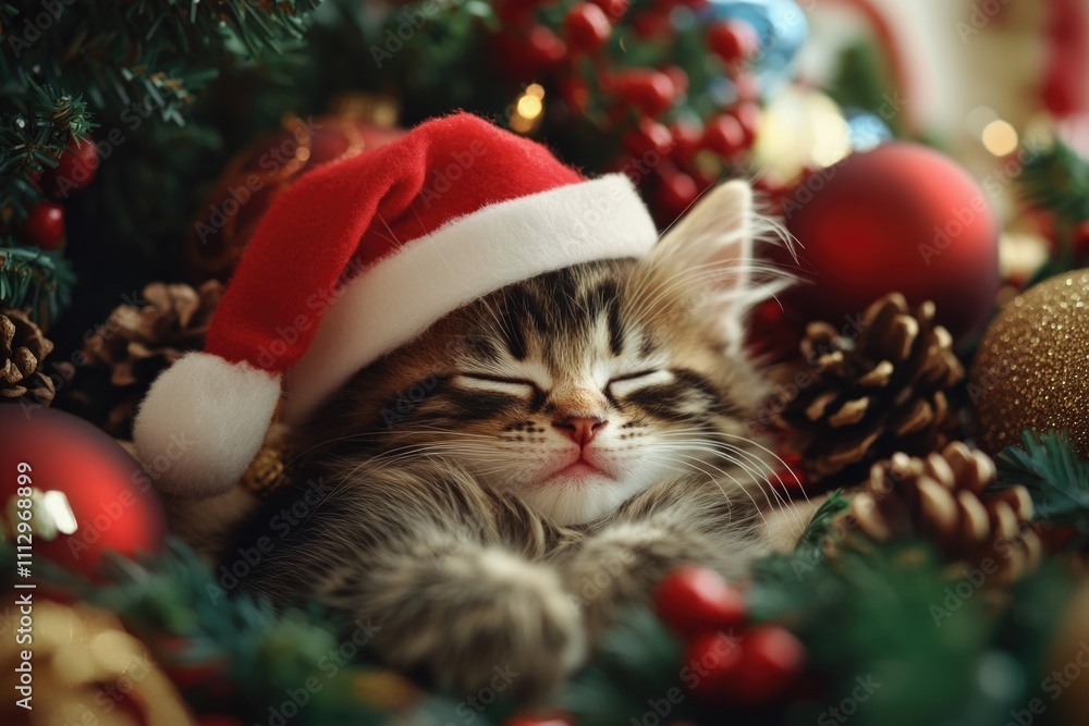 A kitten sleeps in a festive Santa hat amidst Christmas decorations, ideal for holiday-themed designs and promotions A kitten sleeps in a festive Santa hat amidst Christmas decorations, ideal for holiday-themed designs and promotions