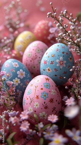 Colorful Easter eggs with pastel patterns, arranged on a soft pink background. The patterned Easter egg designs include delicate floral and geometric motifs in various shades of blue, purple, yellow, 