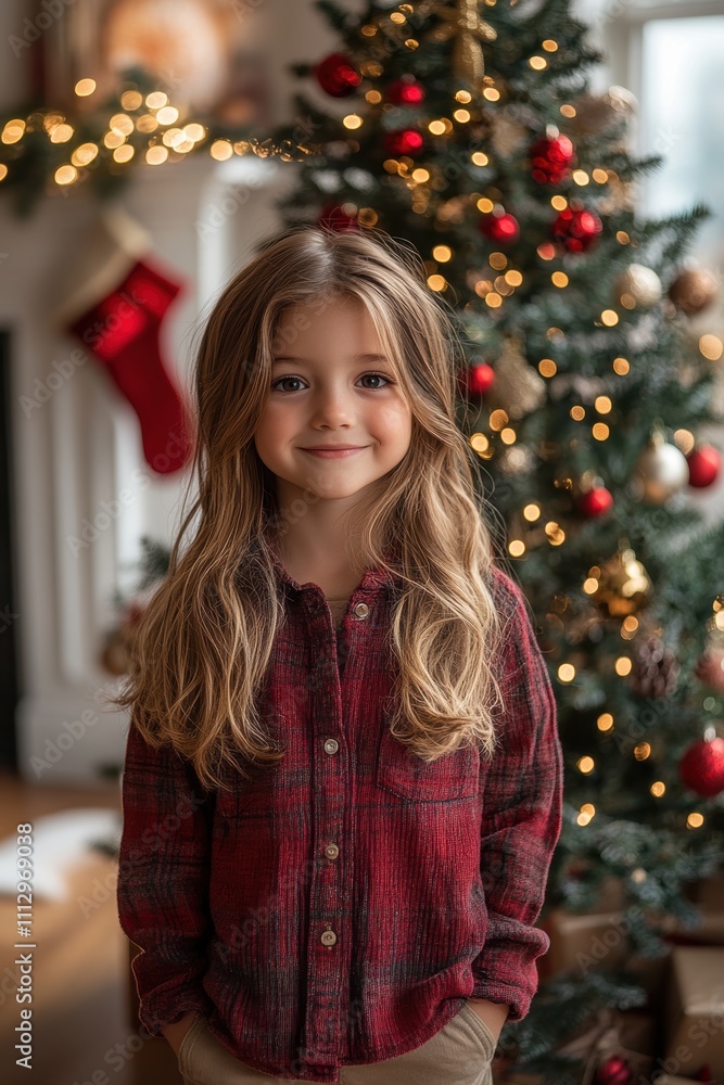 A young child standing joyfully in front of a beautifully decorated Christmas tree, showcasing the spirit of the holiday season with twinkling lights. A young child standing joyfully in front of a beautifully decorated Christmas tree, showcasing the spirit of the holiday season with twinkling lights.
