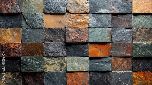  Array of textured slate tiles in natural tones of black, green, and rust, with rugged uneven surfaces catching the light for an elegant effect.