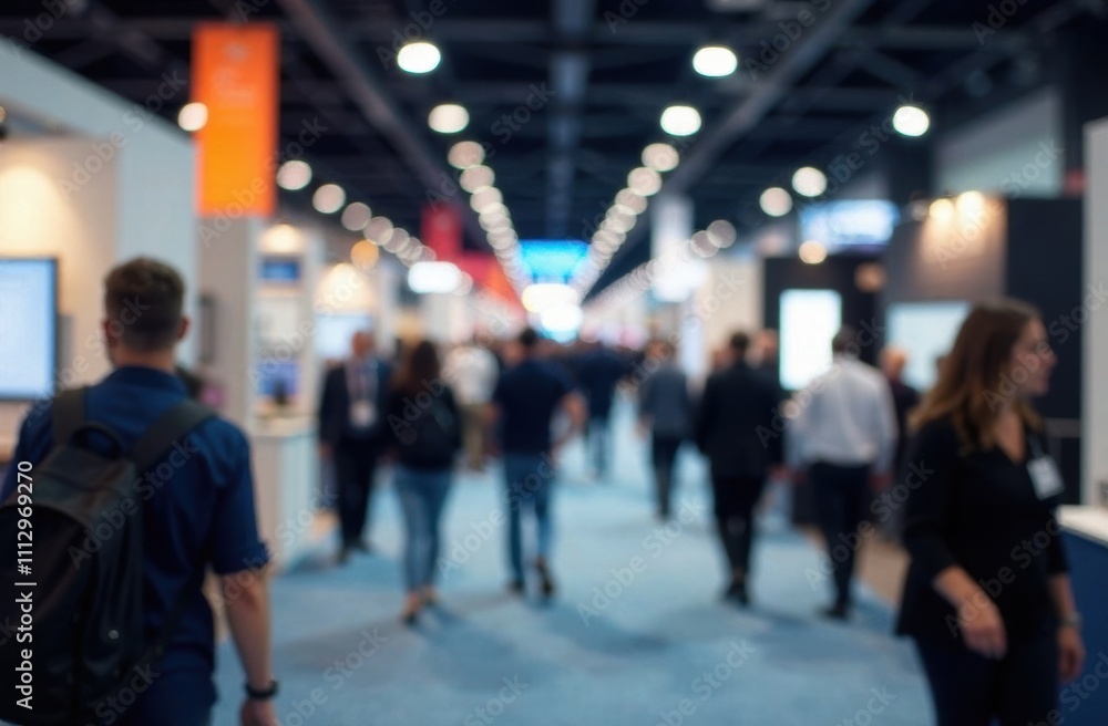 Busy tradeshow in large convention hall with blurred attendees Busy tradeshow in large convention hall with blurred attendees