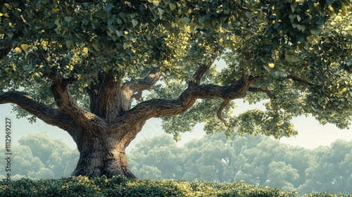  Ancient oak tree with a broad, textured trunk and a rich green canopy, painted with intricate details fading into a white background. photo