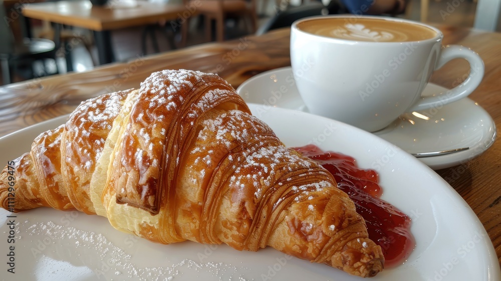 Buttery croissant with boysenberry preserves and a latte Buttery croissant with boysenberry preserves and a latte