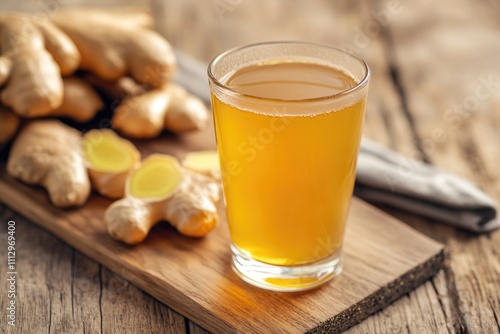 A glass of ginger beer accompanied by sliced gingers, great for food photography or beverage advertisement