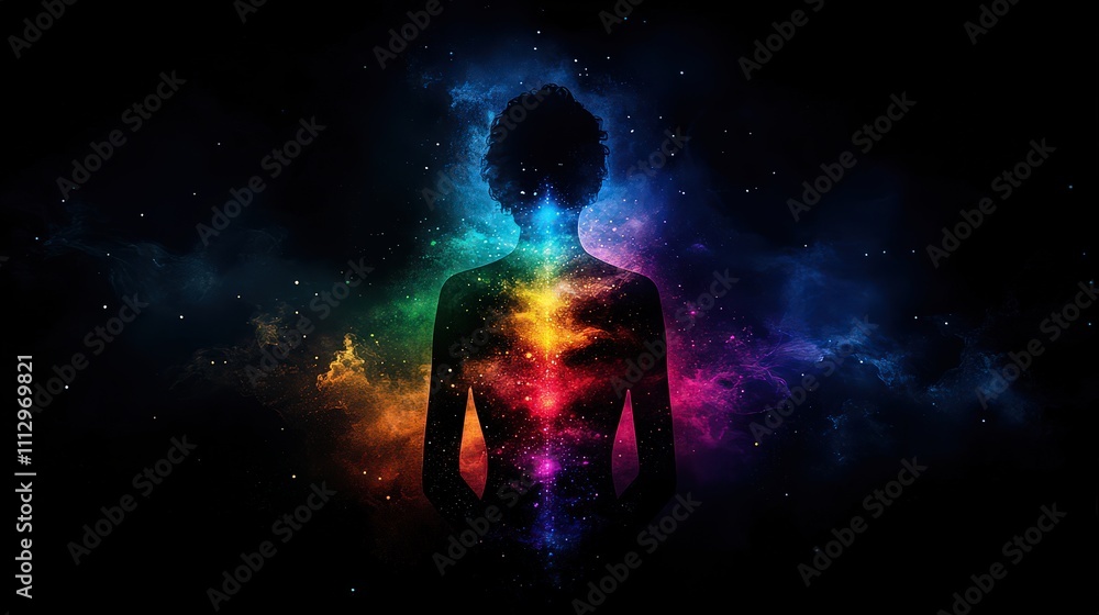 Silhouette of a meditating person with glowing, vibrant chakra points aligned vertically, radiating vivid energy against a dark backdrop. Silhouette of a meditating person with glowing, vibrant chakra points aligned vertically, radiating vivid energy against a dark backdrop.