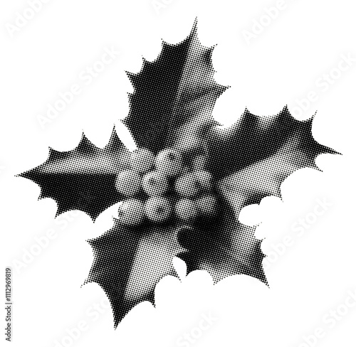 sprig of holly isolated with leaves and berries cluster in the center retro halftone collage element grunge vintage dotted texture for mixed media design