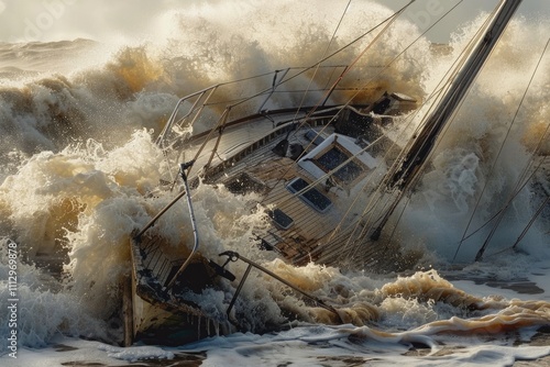 A small boat struggling to stay afloat amidst large waves photo