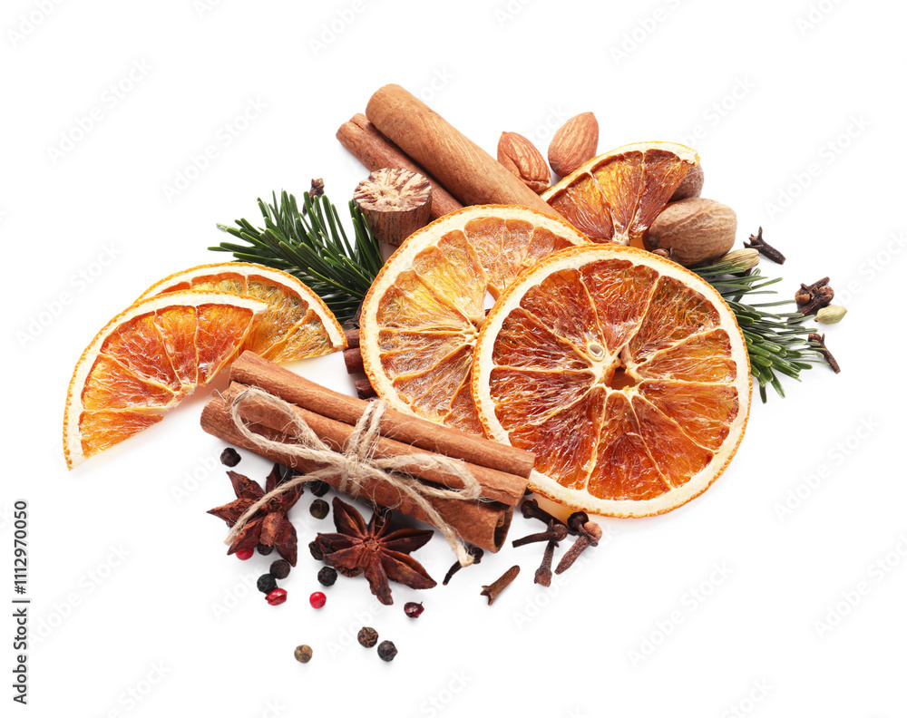 Different aromatic spices isolated on white. Christmas season Different aromatic spices isolated on white. Christmas season