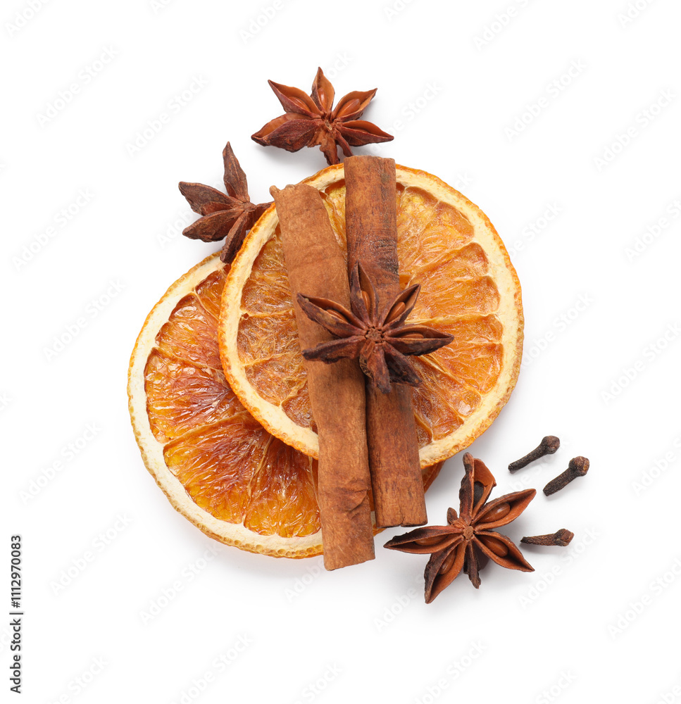 Different aromatic spices isolated on white, top view. Christmas season Different aromatic spices isolated on white, top view. Christmas season