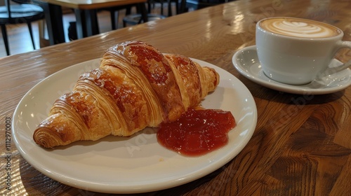 Buttery croissant with boysenberry preserves and a latte photo