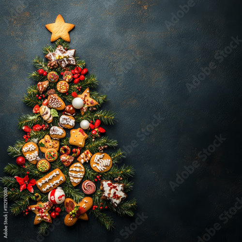 Christmas tree with sweets and cookies decoration on dark background. Holiday food. Top view, copy space