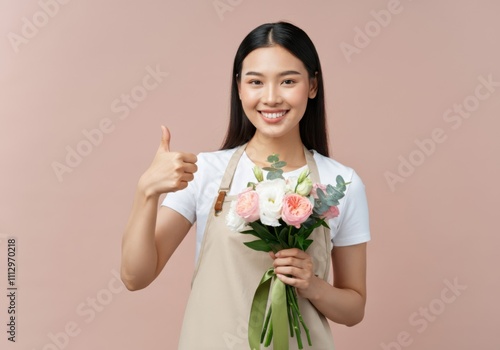 Florist smiling holding bouquet of fresh flowers against a soft pink background photo