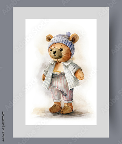 Toy teddy bear dressed in hat and pajamas for kids on poster. Watercolor artwork. Wall art with small toy bear in vintage style for children soft doll games, in frame with decor for print