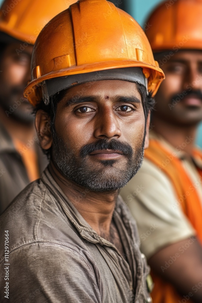 A group of construction workers stand together, wearing hard hats, in a posed shot A group of construction workers stand together, wearing hard hats, in a posed shot