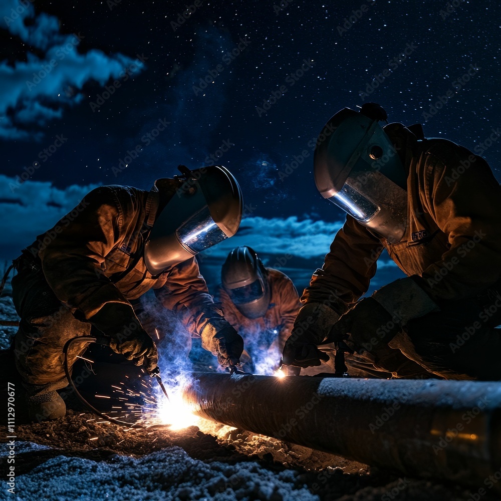 Nighttime welding: three workers fuse metal pipe. Nighttime welding: three workers fuse metal pipe.