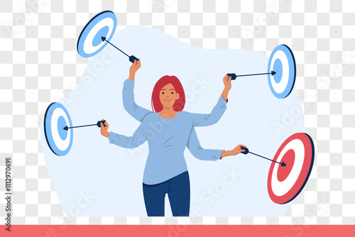 Business woman works in multitasking mode, and uses several hands to hit all targets at same time. Successful girl stands among targets demonstrating multitasking skills and ambition for success
