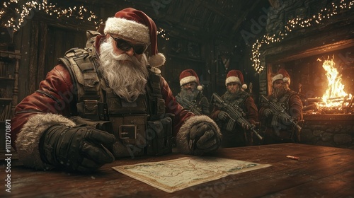 Tactical Santa Claus and Elf Soldiers in Cozy Cabin War Room with Cinematic Lighting - Ultra-Detailed Photorealistic Concept