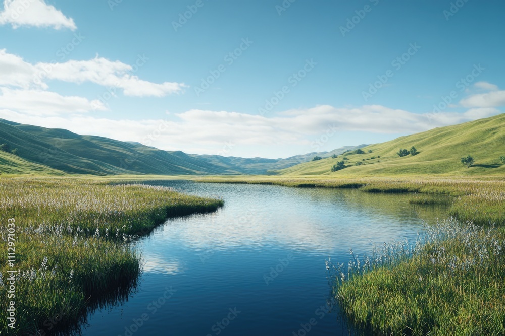 A peaceful river runs through a lush green valley with rolling hills and dense forest A peaceful river runs through a lush green valley with rolling hills and dense forest