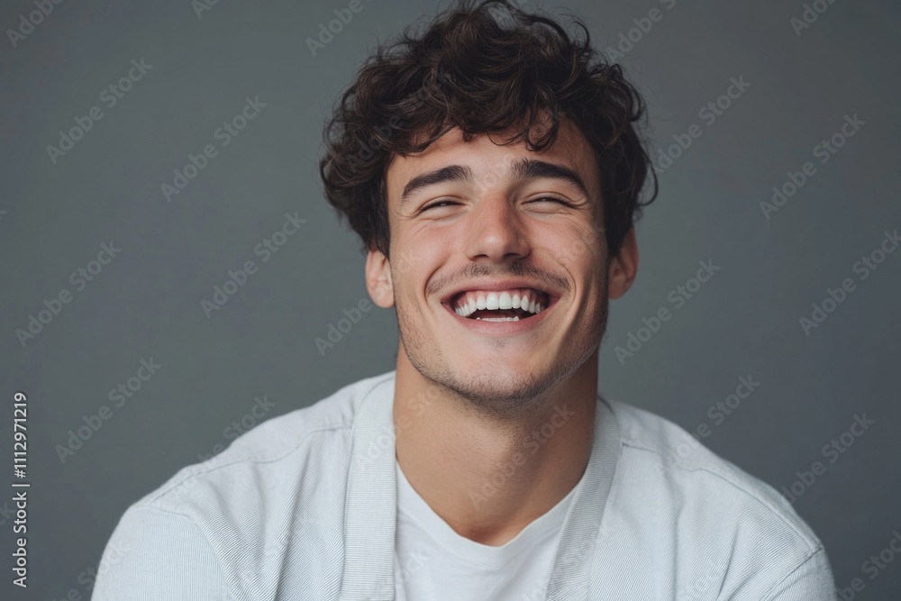 A smiling man with curly hair wearing a white shirt A smiling man with curly hair wearing a white shirt