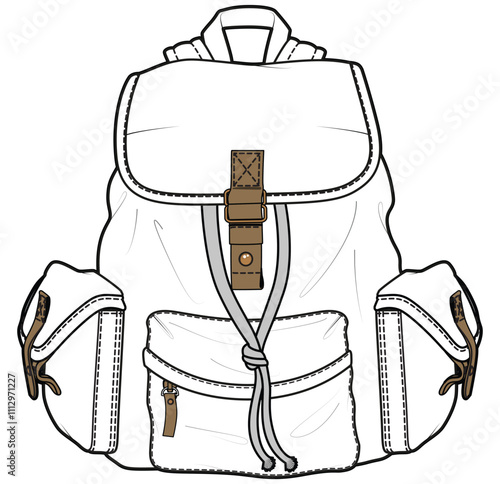 Traveller backpack flat sketch vector illustration technical cad drawing template