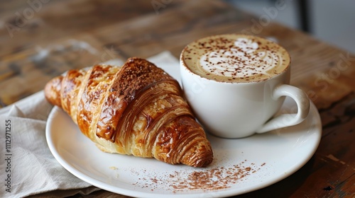 Buttery croissant with boysenberry preserves and a latte photo