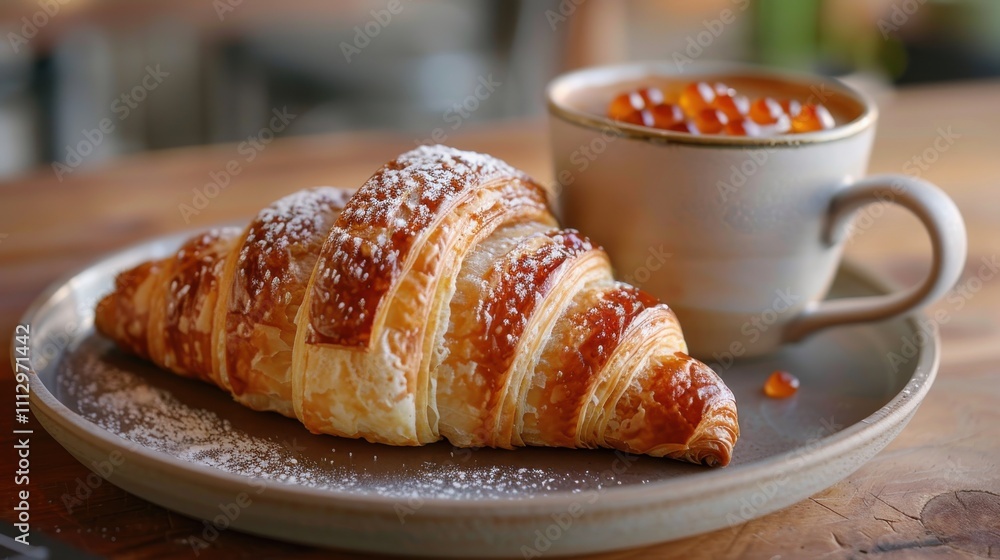 Buttery croissant with boysenberry preserves and a latte Buttery croissant with boysenberry preserves and a latte