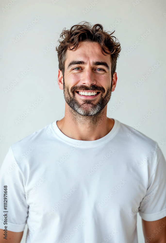 A friendly, bearded man in a white t-shirt smiles warmly against a white background. A friendly, bearded man in a white t-shirt smiles warmly against a white background.