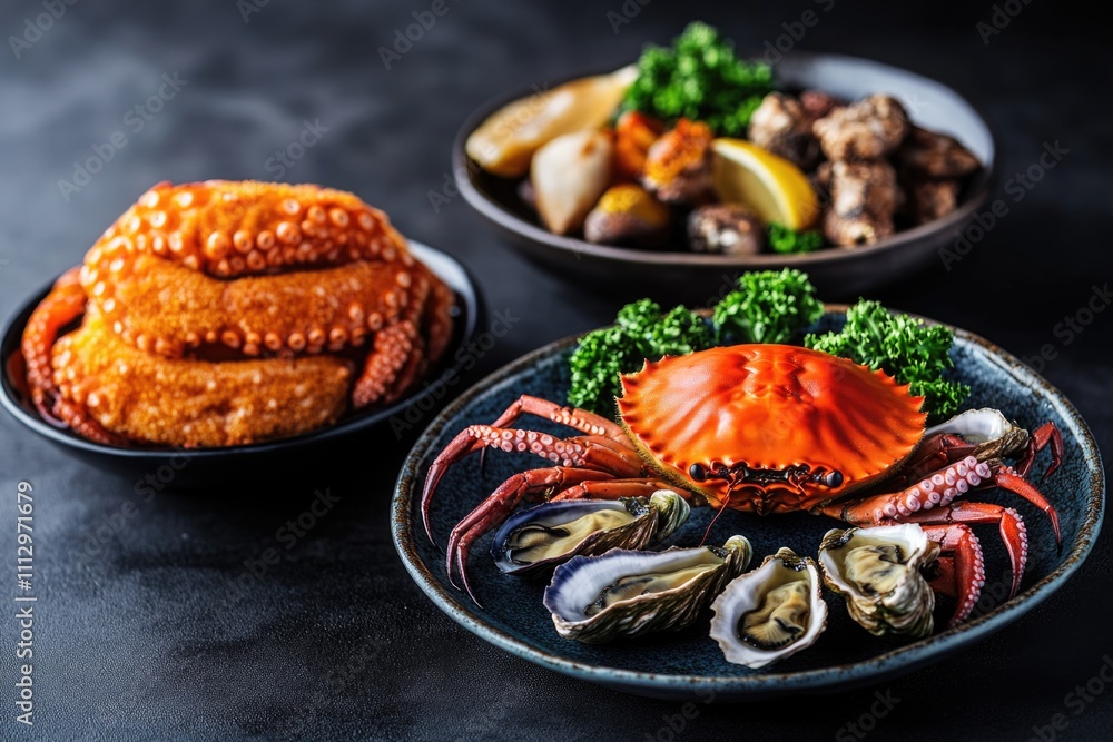 A plate of seafood featuring crab and oysters, ideal for use in restaurant or culinary promotions A plate of seafood featuring crab and oysters, ideal for use in restaurant or culinary promotions