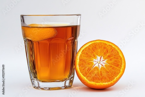 A glass of orange juice sits next to a cut orange, ideal for a healthy snack or beverage