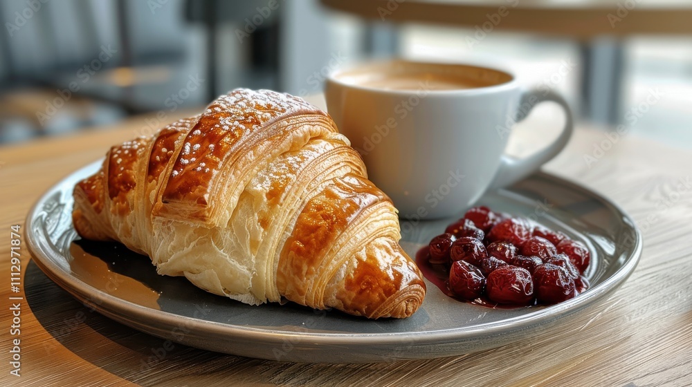 Buttery croissant with boysenberry preserves and a latte Buttery croissant with boysenberry preserves and a latte