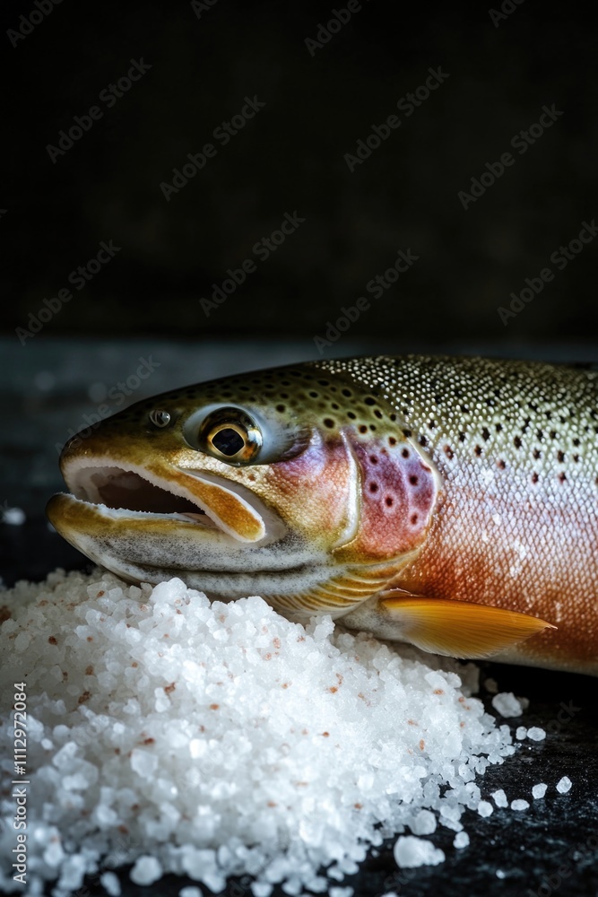 A rainbow trout lying on top of a pile of salt, great for use in still life or nature photography A rainbow trout lying on top of a pile of salt, great for use in still life or nature photography
