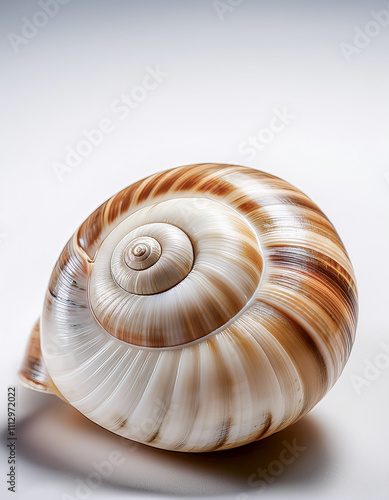 Neutral colored snail or sea shells are placed on a plain white background