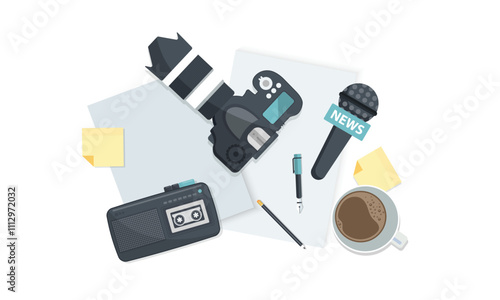 Journalism. Camera and photos. Mass media, television, interview, breaking news, press conference concept. Flat vector