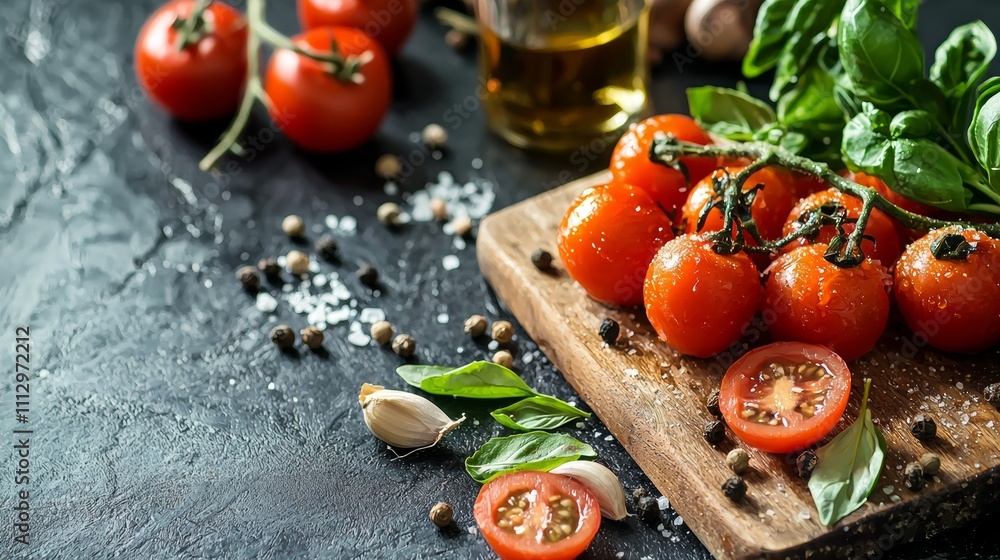 Rustic tomatoes with basil and garlic on a dark background