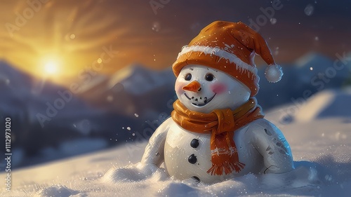 Winter holiday banner - Close-up of a laughing snowman in a wool hat and scarf, on a snowy landscape with bokeh lights and sunlight