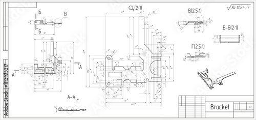 Assembly drawing of bracket with cross section.
Vector design of steel mechanical device with dimension lines.
Engineering technic cad scheme on white
paper sheet. Hand drawn machine part sketch.
