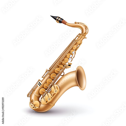 Golden saxophone standing alone on a white background highlighting its elegant design and musical artistry