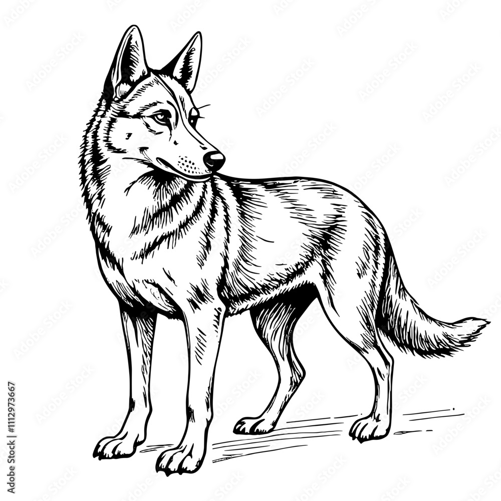 Fototapeta premium Hand-drawn wolf standing in profile against a plain background 